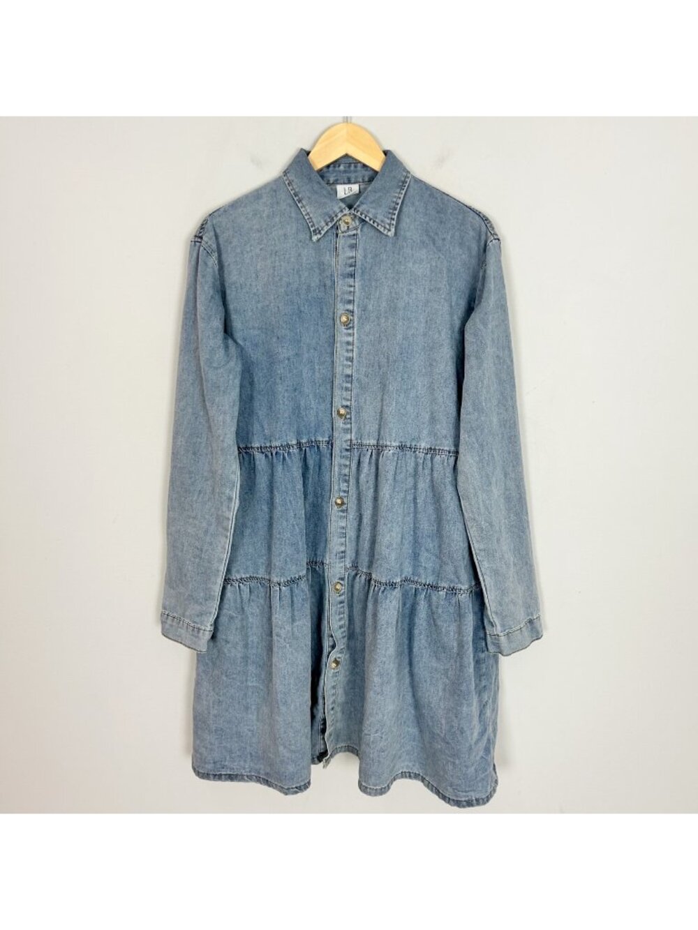 Women's Blue Denim Tiered Shirt Dress Long Sleeve Button Front‎ Size XL